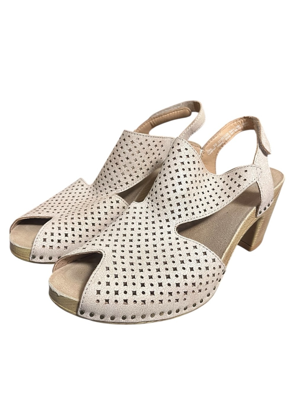 Dansko Teagan Heeled Sandal Clogs Laser Cut Vintage White Leather Slingback 39 - Picture 3 of 15